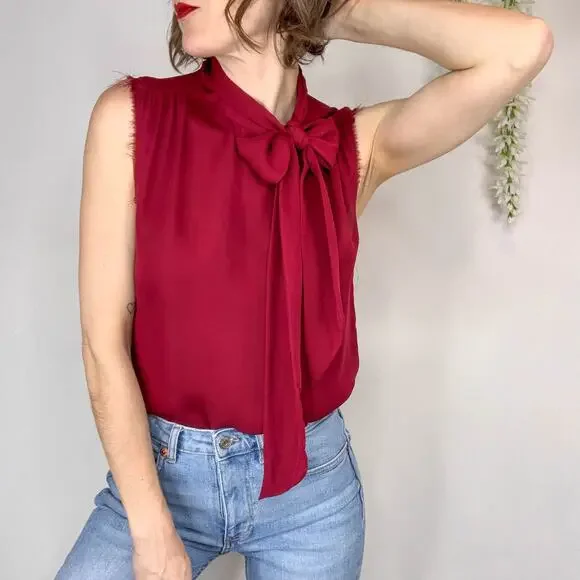 REVOLVE NSF silk sleeveless top neck tie frayed hem button front berry 3076 - Picture 1 of 11